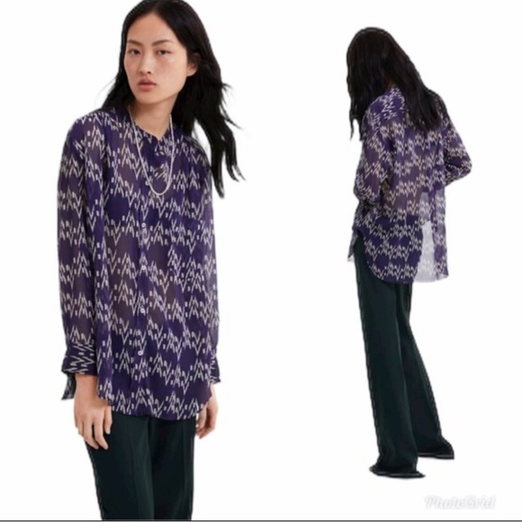Zara Purple Pattern Semi Sheer Long Sleeve Blouse with Mandarin Collar Size S - Picture 1 of 8